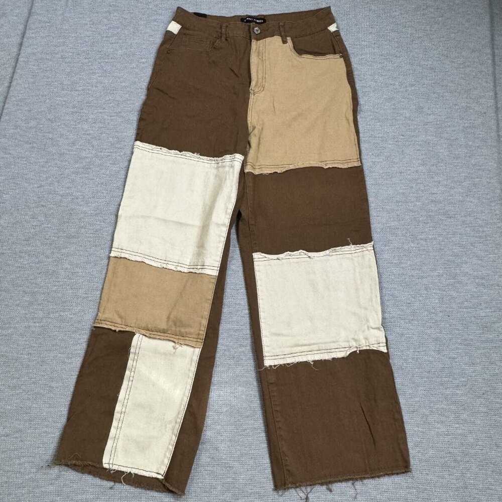 Almost Famous Patchwork Denim Jeans Womens Size 11 Brown Tan Raw Edge High Rise